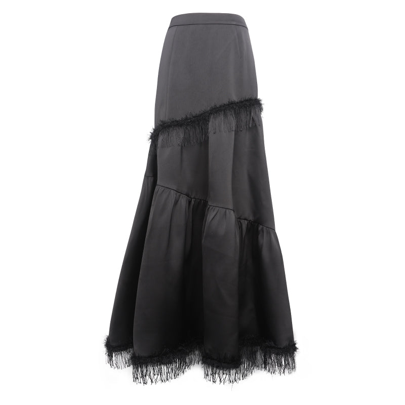 High Waist Satin Fringe Tiered Long Skirt