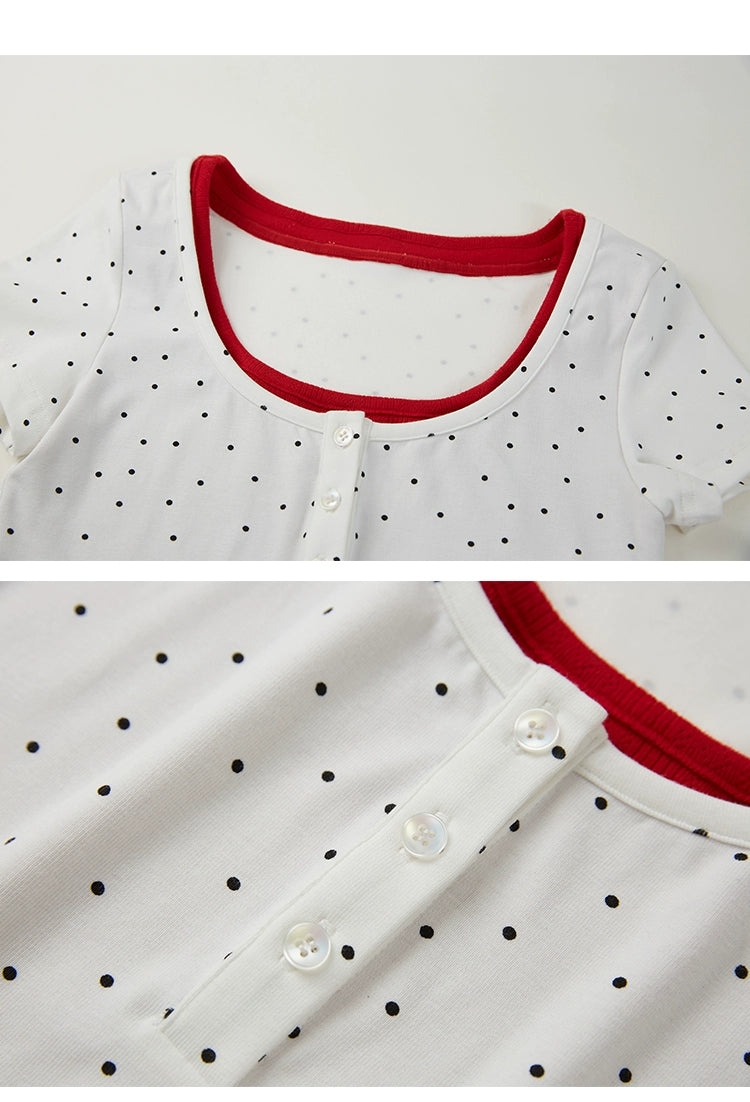 Polka Dot Contrast Faux Two-Piece Henley Neck T-Shirt