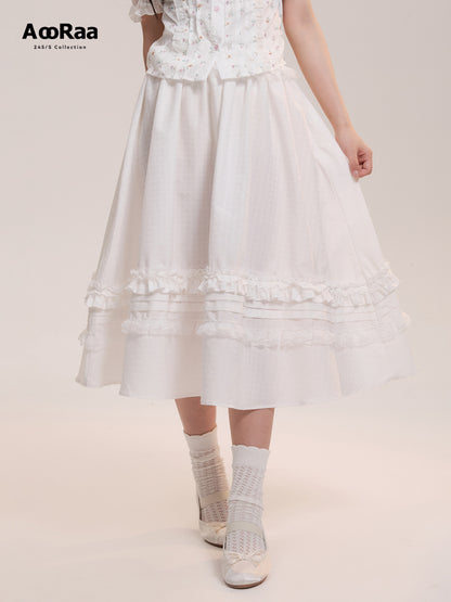 High Waist Lace Frilled Zip Up Flare Long Skirt