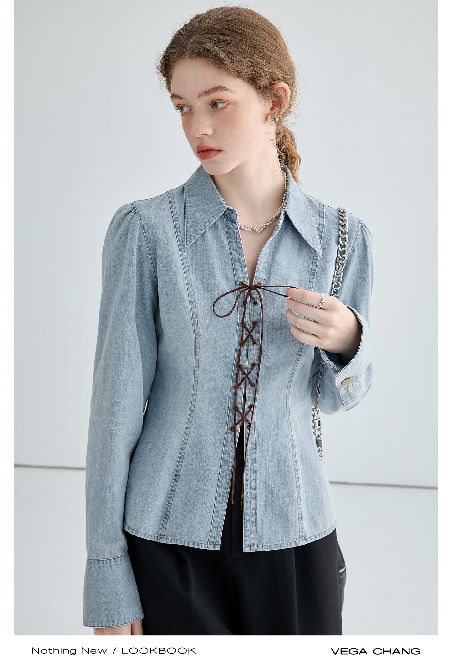 Gathered Princess Sleeve Lace-Up Denim Shirt