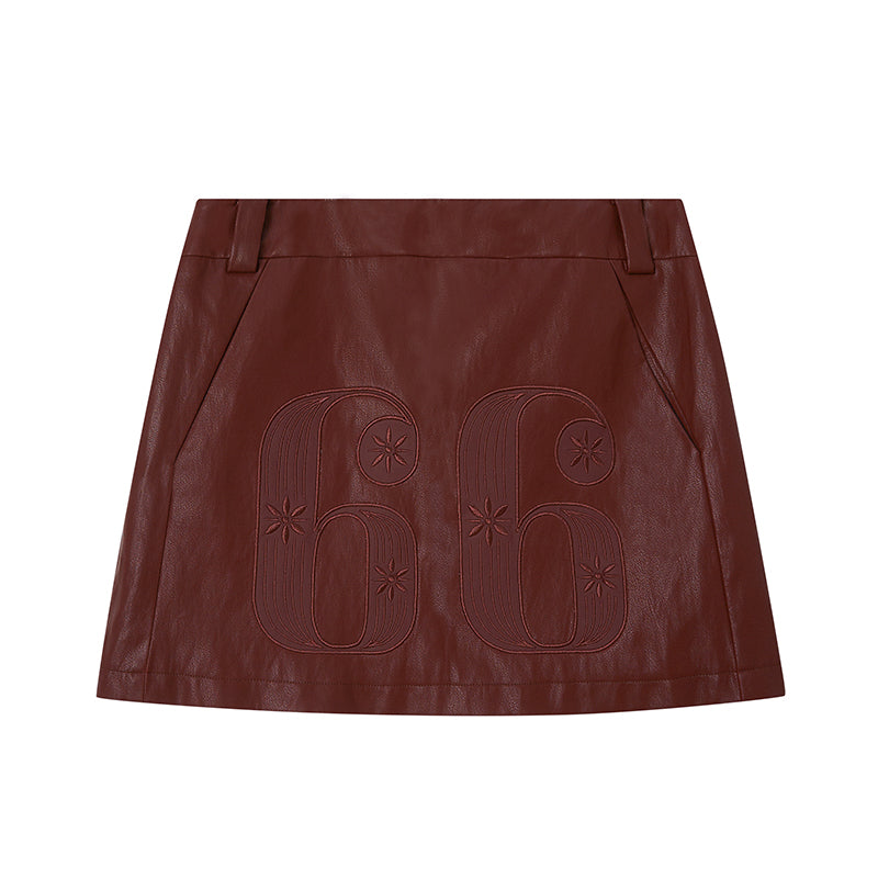 Sporty Patch Embroidery Faux Leather Skirt