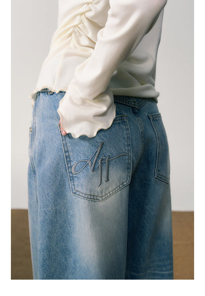 Logo Embroidered Washed Wide-Leg Jeans