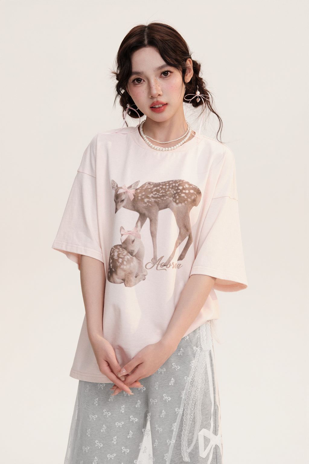 Oversized Deer Print Round Neck Cotton T-Shirt