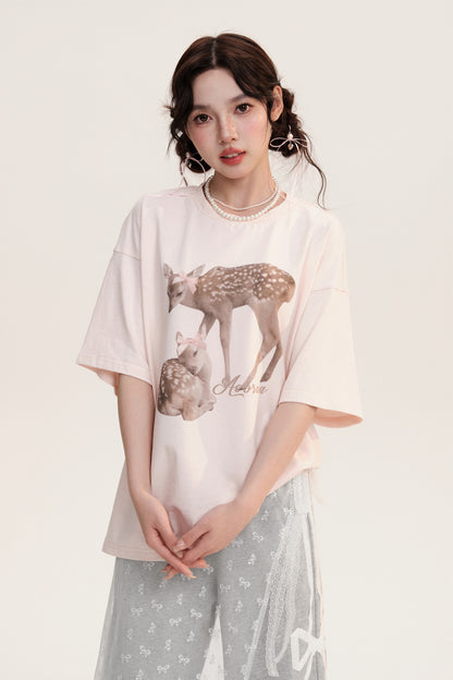 Oversized Deer Print Round Neck Cotton T-Shirt