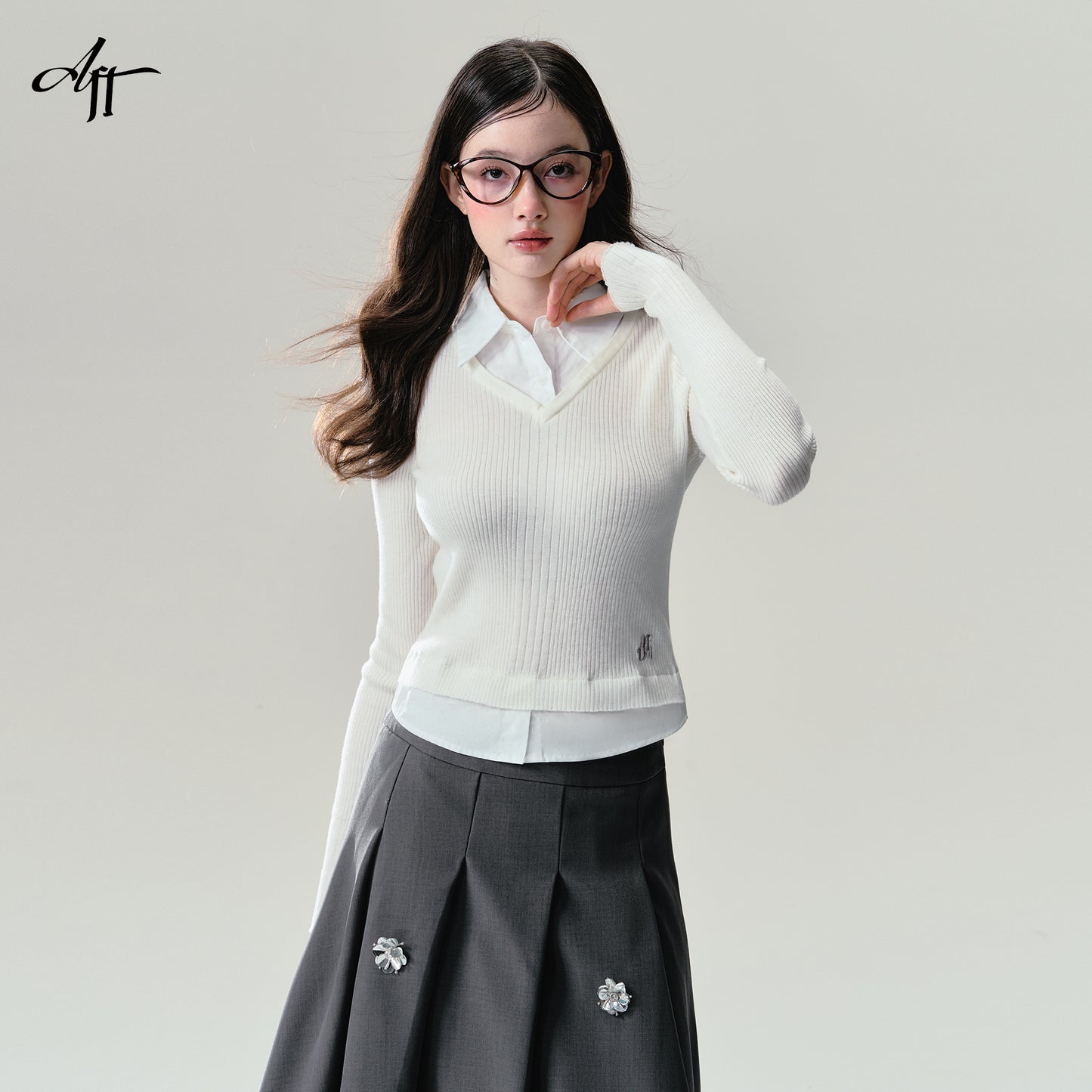 Layered V-Neck Rib Knit Top With Shirt Collar