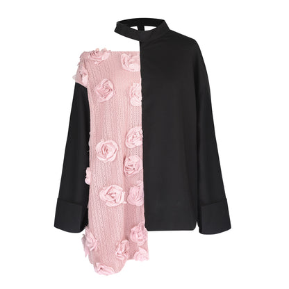 Asymmetric Dual Fabric Flower Long Sleeve Top