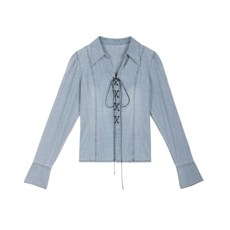 Gathered Princess Sleeve Lace-Up Denim Shirt