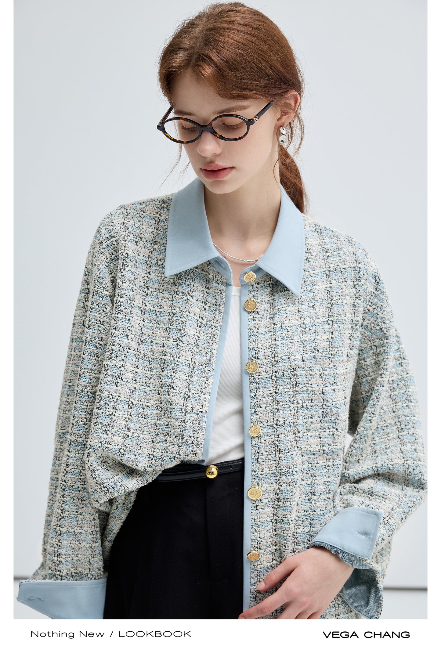 Straight Loose Fit Long Sleeved Tweed Shirt