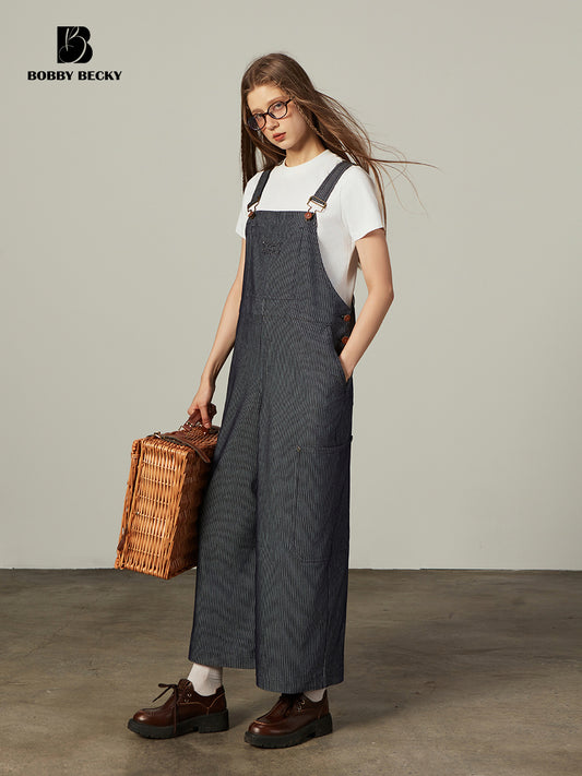 Striped Cropped Wide-Leg Denim Overalls