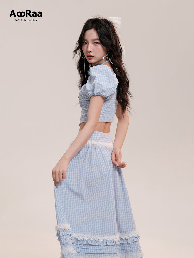 Rose Checkered Puff Sleeve Top And Frilled Skirt