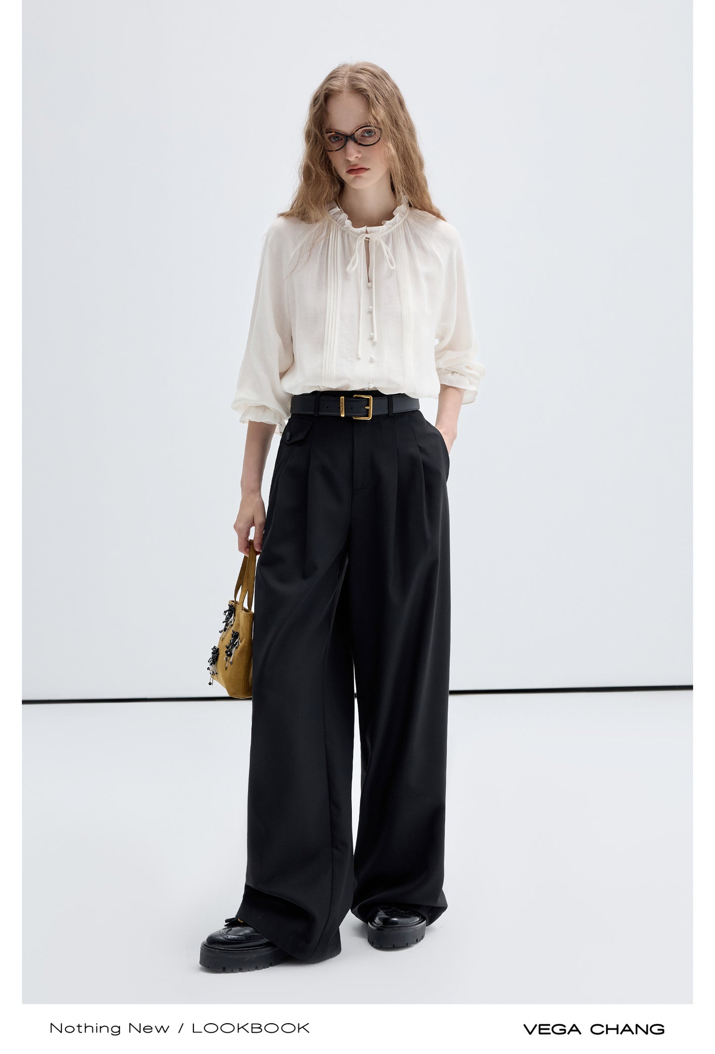 Frilled Trim Pin Tuck Blouse With Covered Buttons