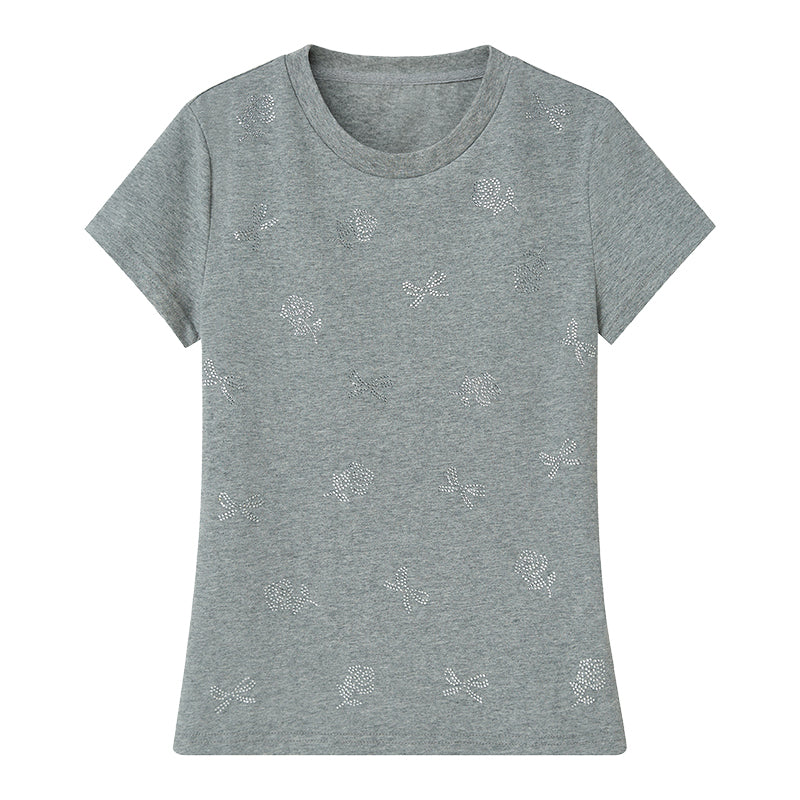 Rhinestone Bow And Flower Motif Slim Fit T-Shirt