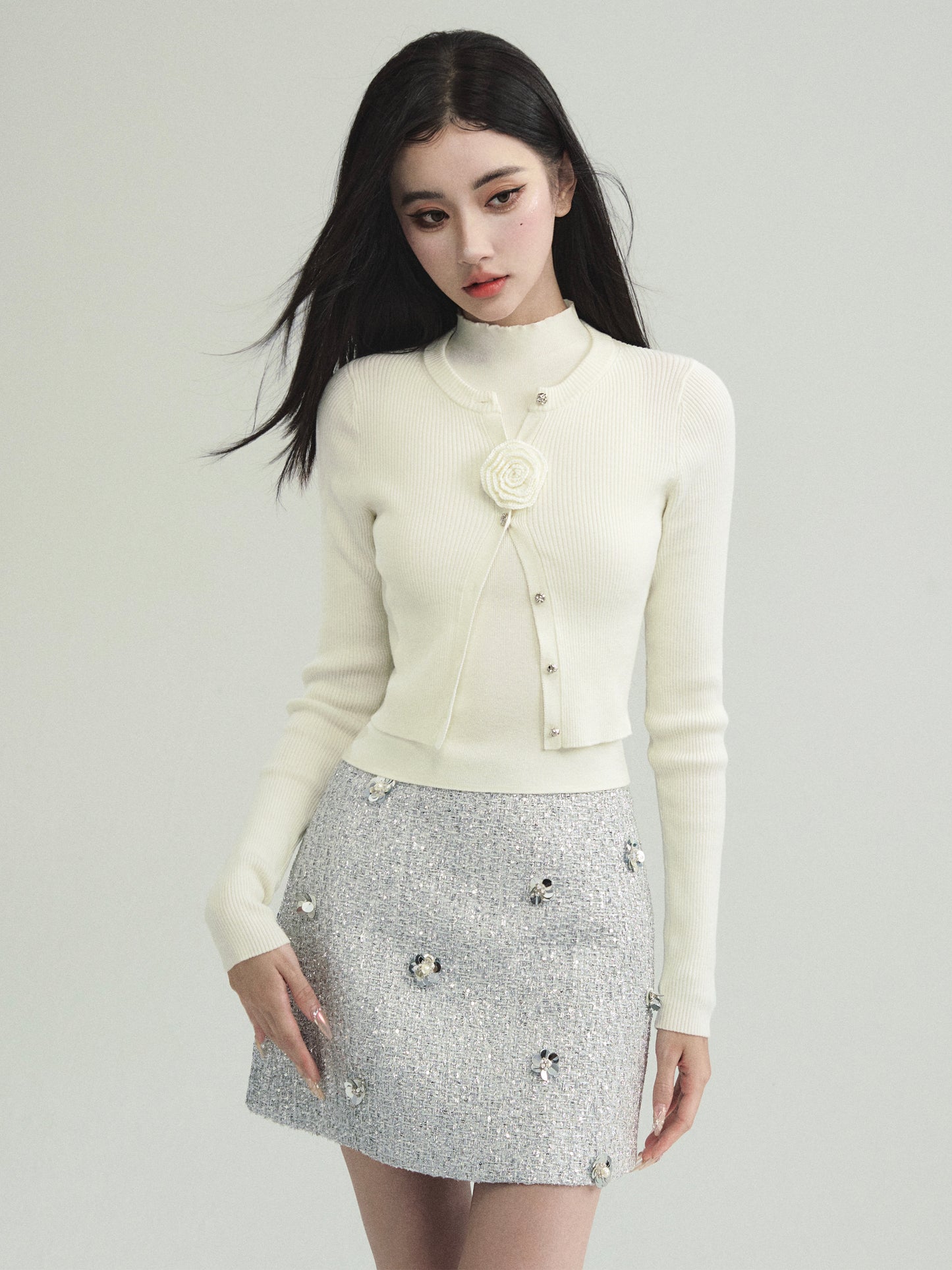 Fitted Rib Knit Cardigan, Pleated Skirt, Vest