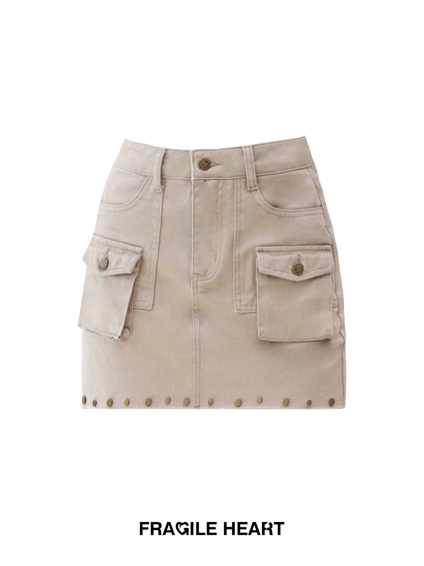 Denim Short Cargo Skirt With Studded Fringed Hem