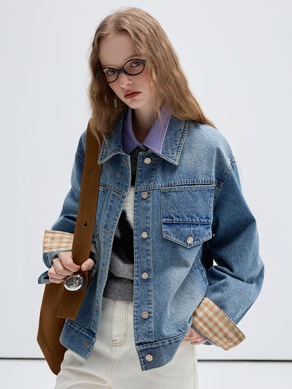 Gingham Check Cuffs Washed Denim Jacket