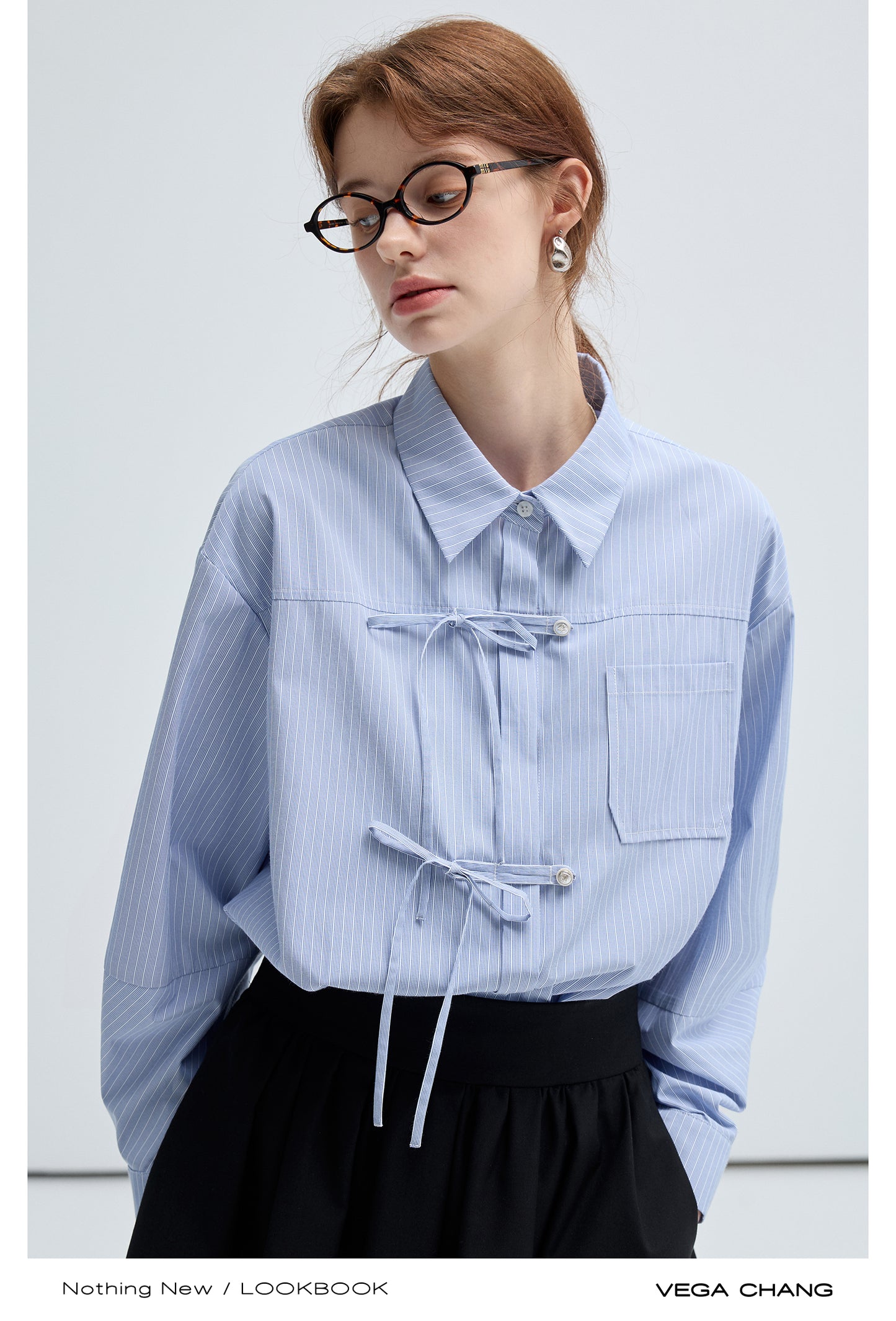 Drop Shouldered Stripe Shirt With Bow Tie Closure