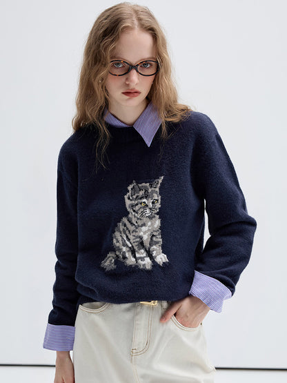 Jacquard Crew Neck Kitten Sweater