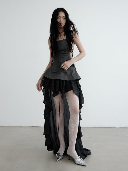 Long-Tailed Asymmetrical Lace-Up Ruffle Skirt