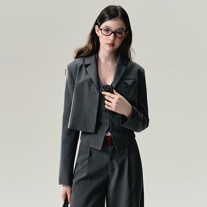 Striped Cropped Jacket, Vest, Wide-Leg Pants Suit