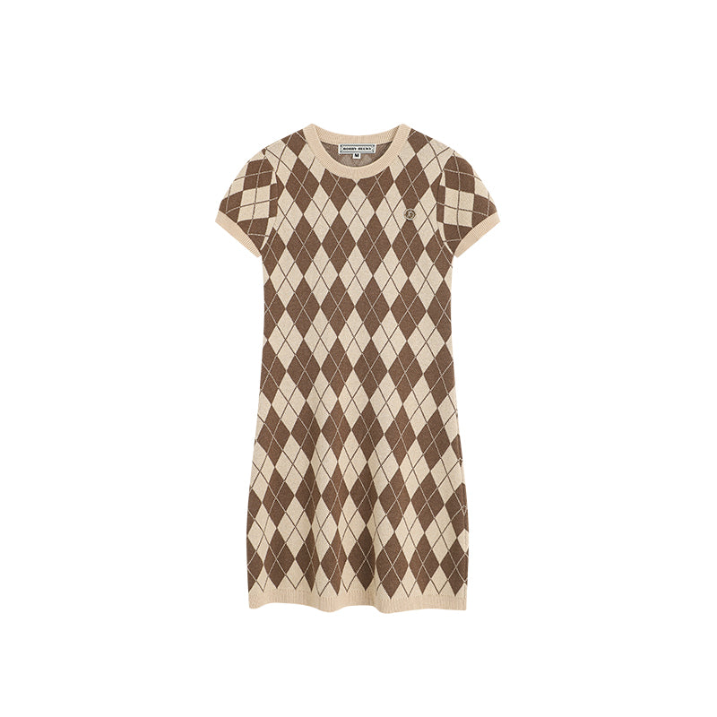 Mercerized Wool Short Sleeve Argyle Knit Dress