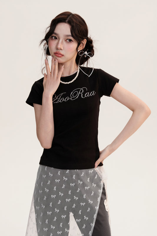 Rhinestone Letter Round Neck Cotton Basic T-Shirt