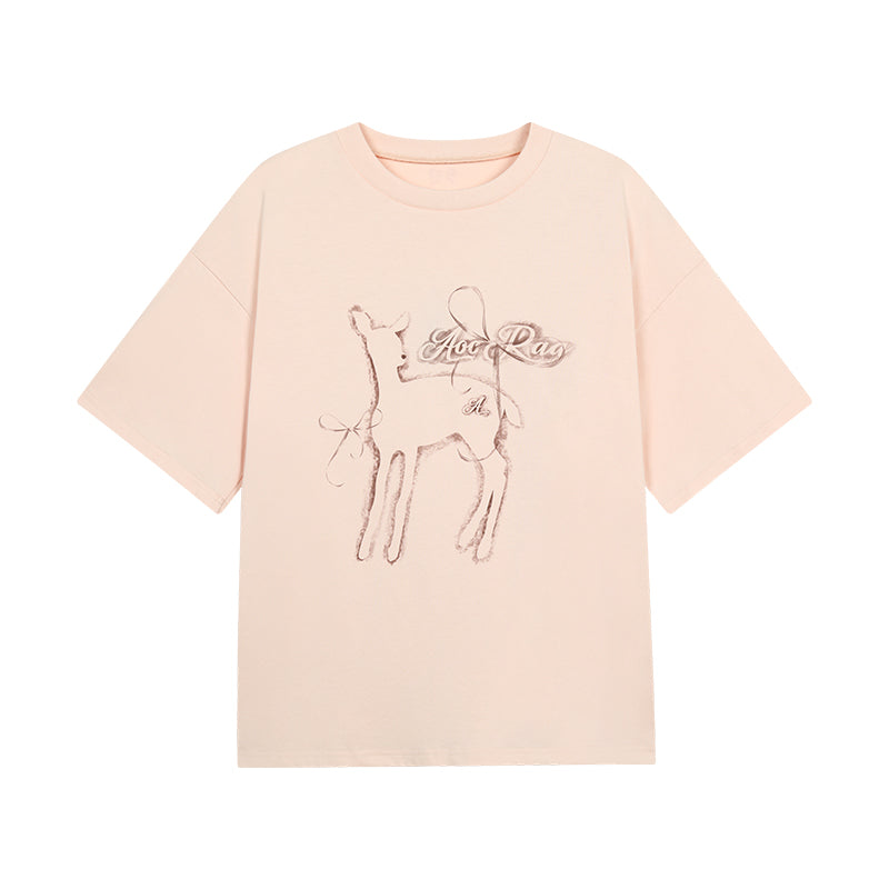 Oversized Deer Print Round Neck Cotton T-Shirt