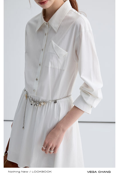 Textured Folded Pocket Design Shirt Dress