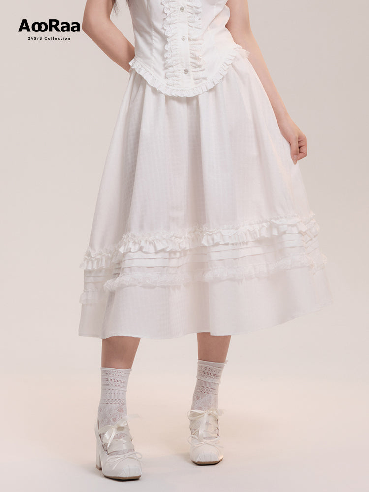 High Waist Lace Frilled Zip Up Flare Long Skirt