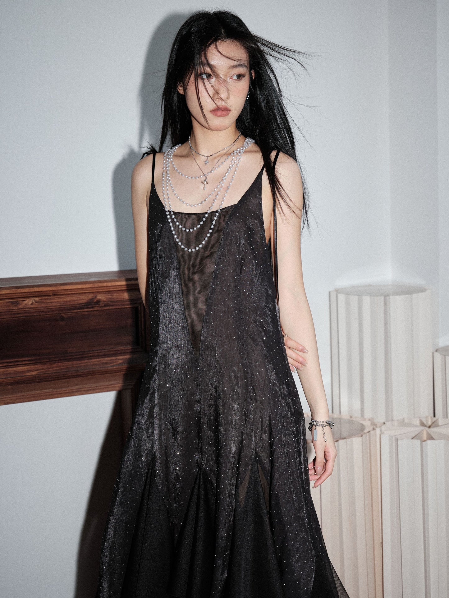 Glossy Asymmetrical Tie-Strap Sheer Long Dress