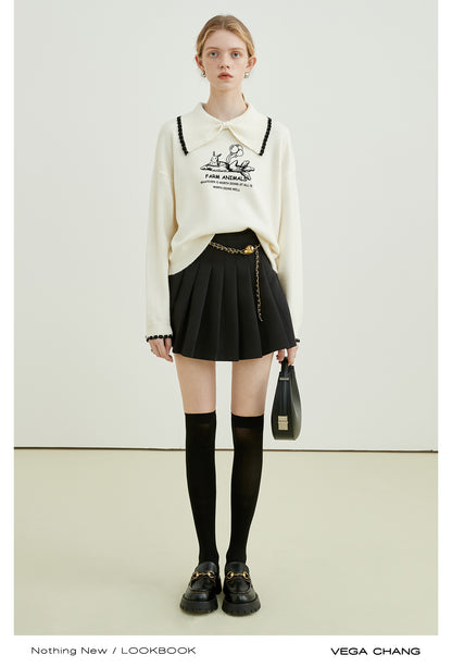 Two-Tone Rabbit Printed Bow Collar Knit Top