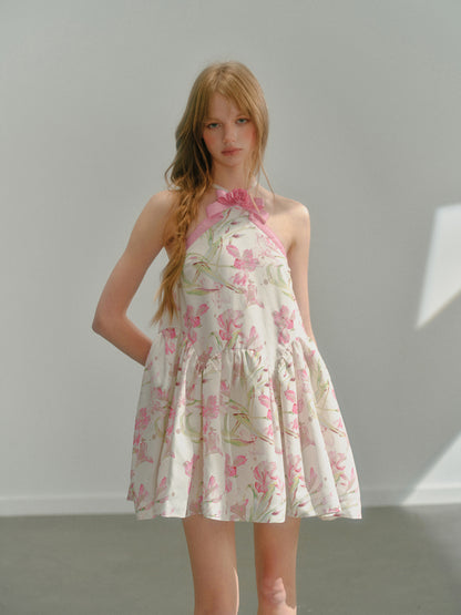 Flower Ribbon Cross Strap Floral Puffy Dress