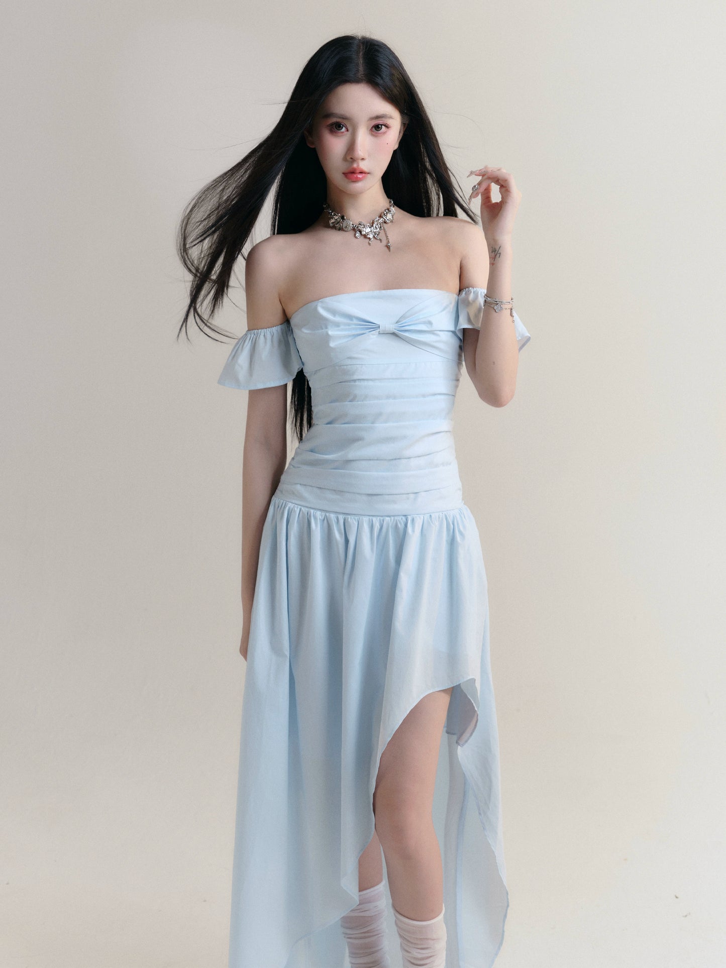 Off Shoulder Bowknot Long Dress With Asymmetric Hem