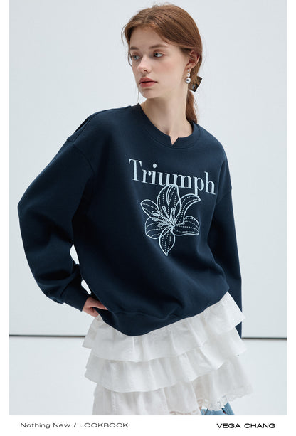 Flower Embroidery Casual Loose Fit Sweatshirt