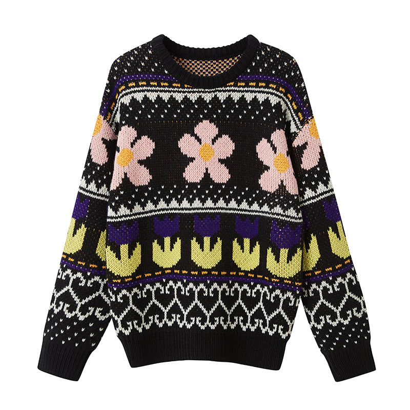 Multicolor Floral Jacquard Crew Neck Sweater