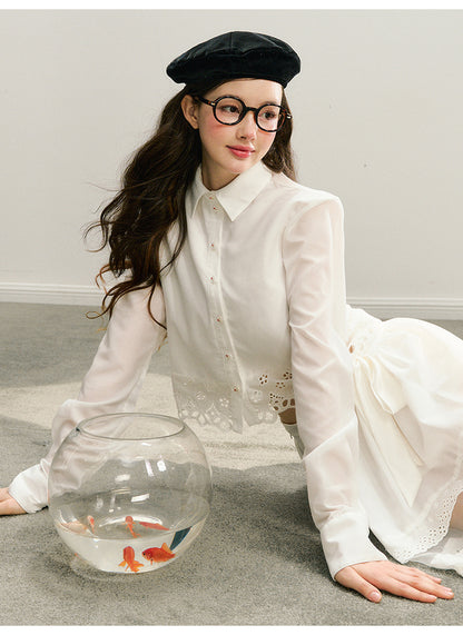 Eyelet Lace Shirt And Tulle Skirt With Ribbon Waist