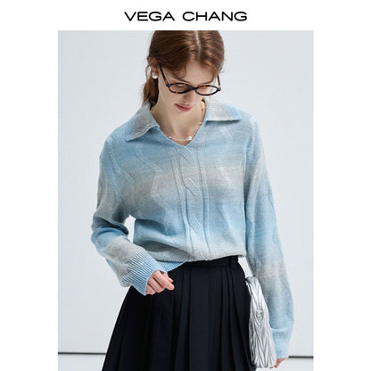 Wool Blend Gradient Color Polo Collar Sweater