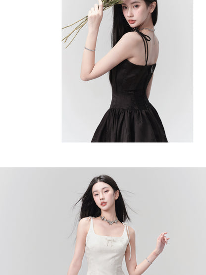 Jacquard Glossy Tie Strap Mini Flared Camisole Dress