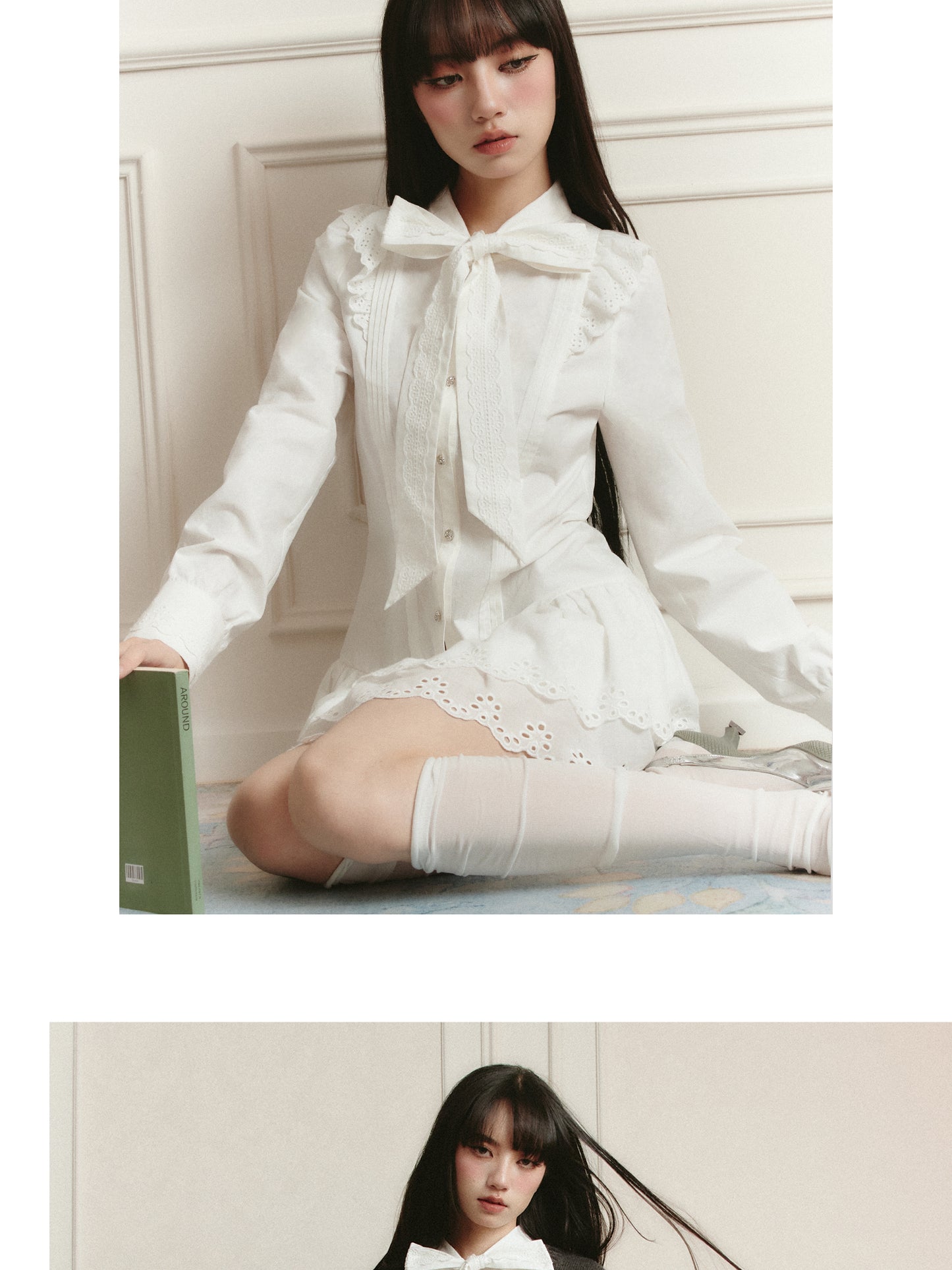 Tie Neck Mini Cotton Lace Shirt Dress