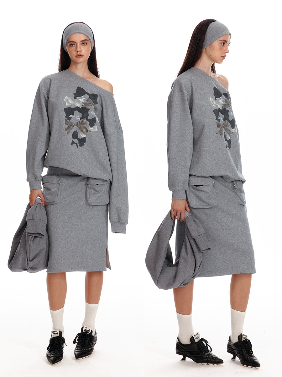 Two Way Bow Print Oversized Cotton Sweatshirt