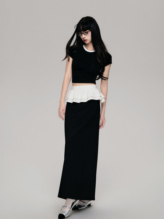 Contrast Color Back Slit Long Peplum Skirt