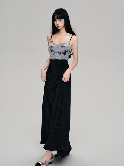 High Waist Butterfly Print Camisole Long Dress