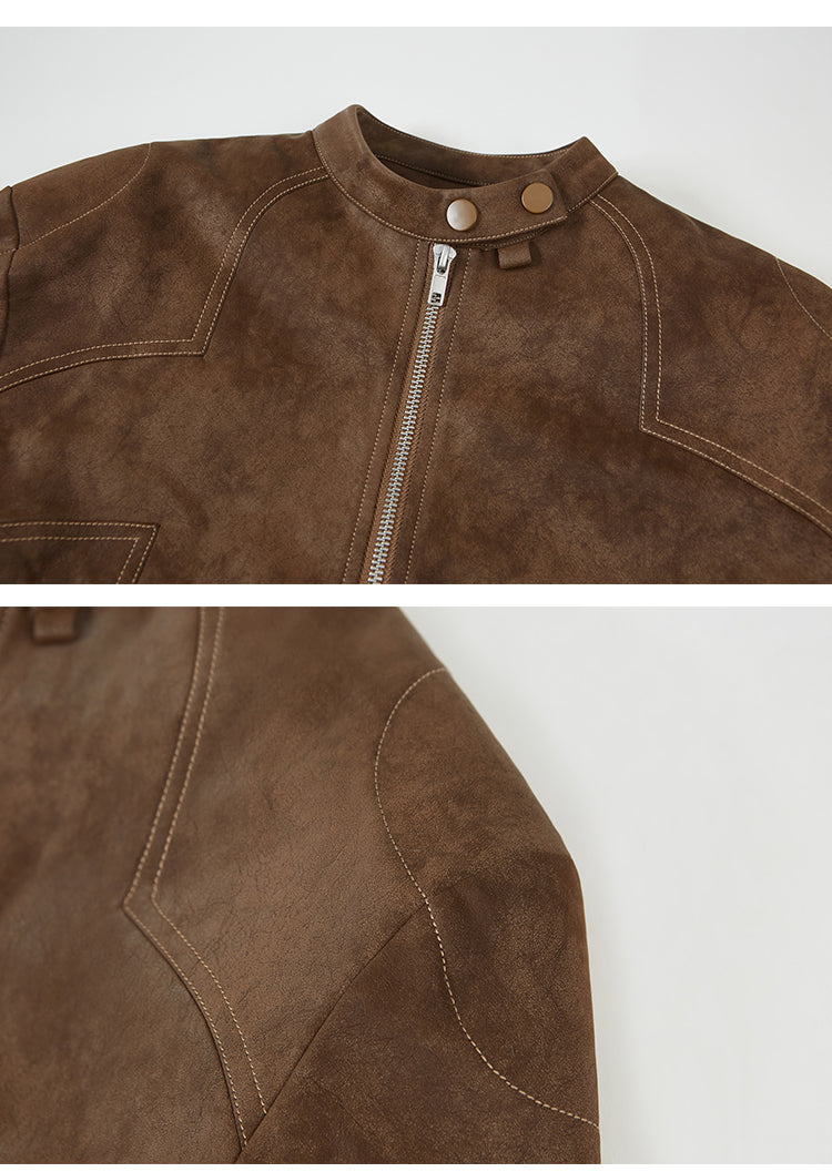 Contrast Stitch Faux Suede Motorcycle Jacket