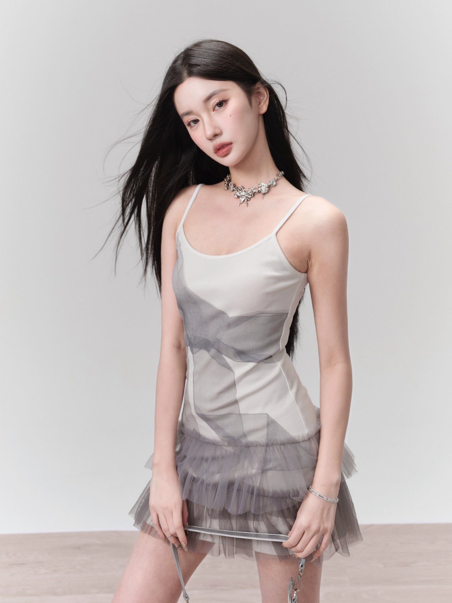 Pictorial Bow Print Tulle Camisole Dress