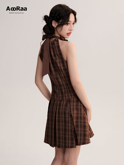 Two-Way Straps Plaid Pleated A-Line Dress