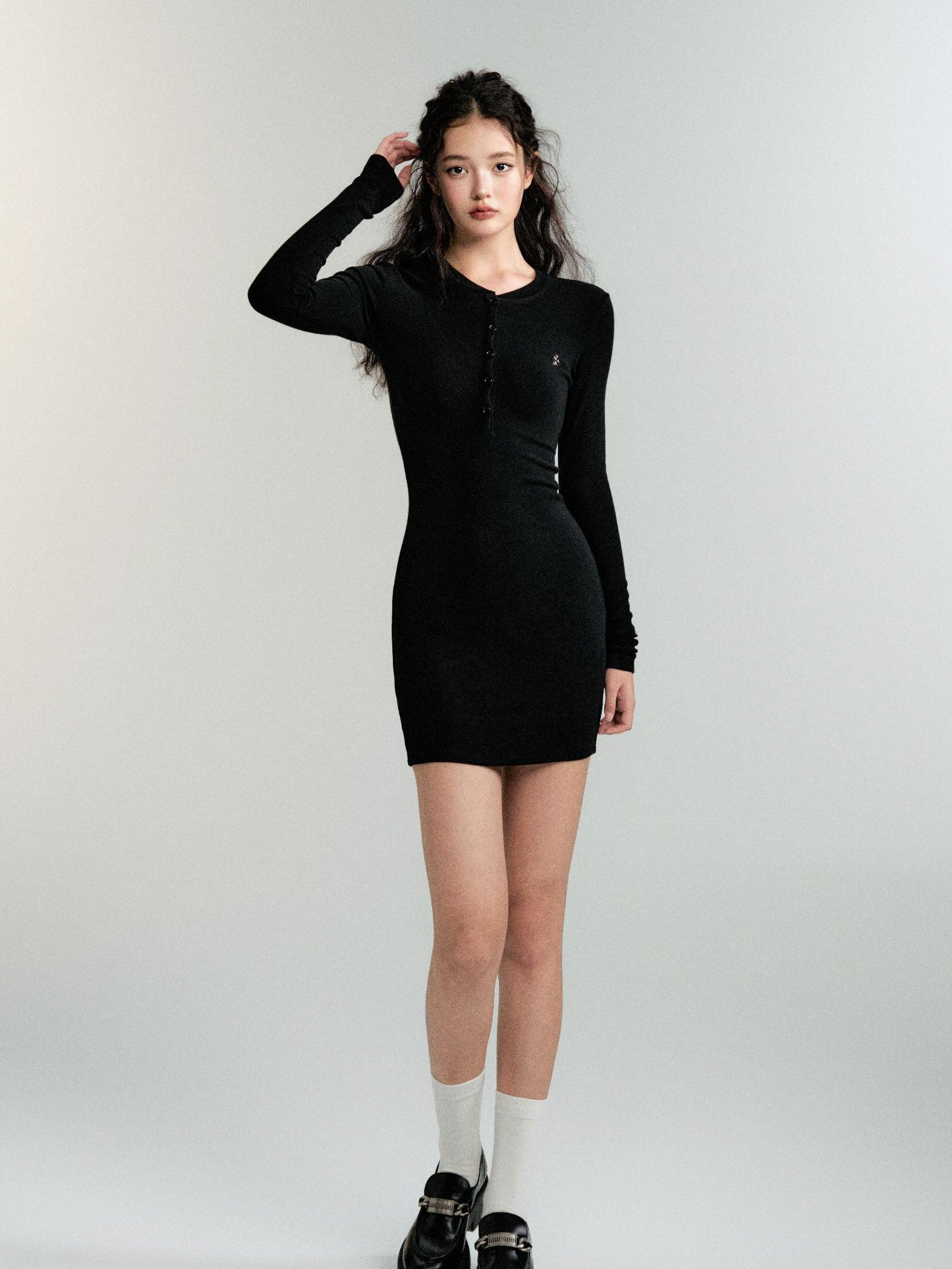 Simple Henley Neck Slim Fit Knit Mini Dress