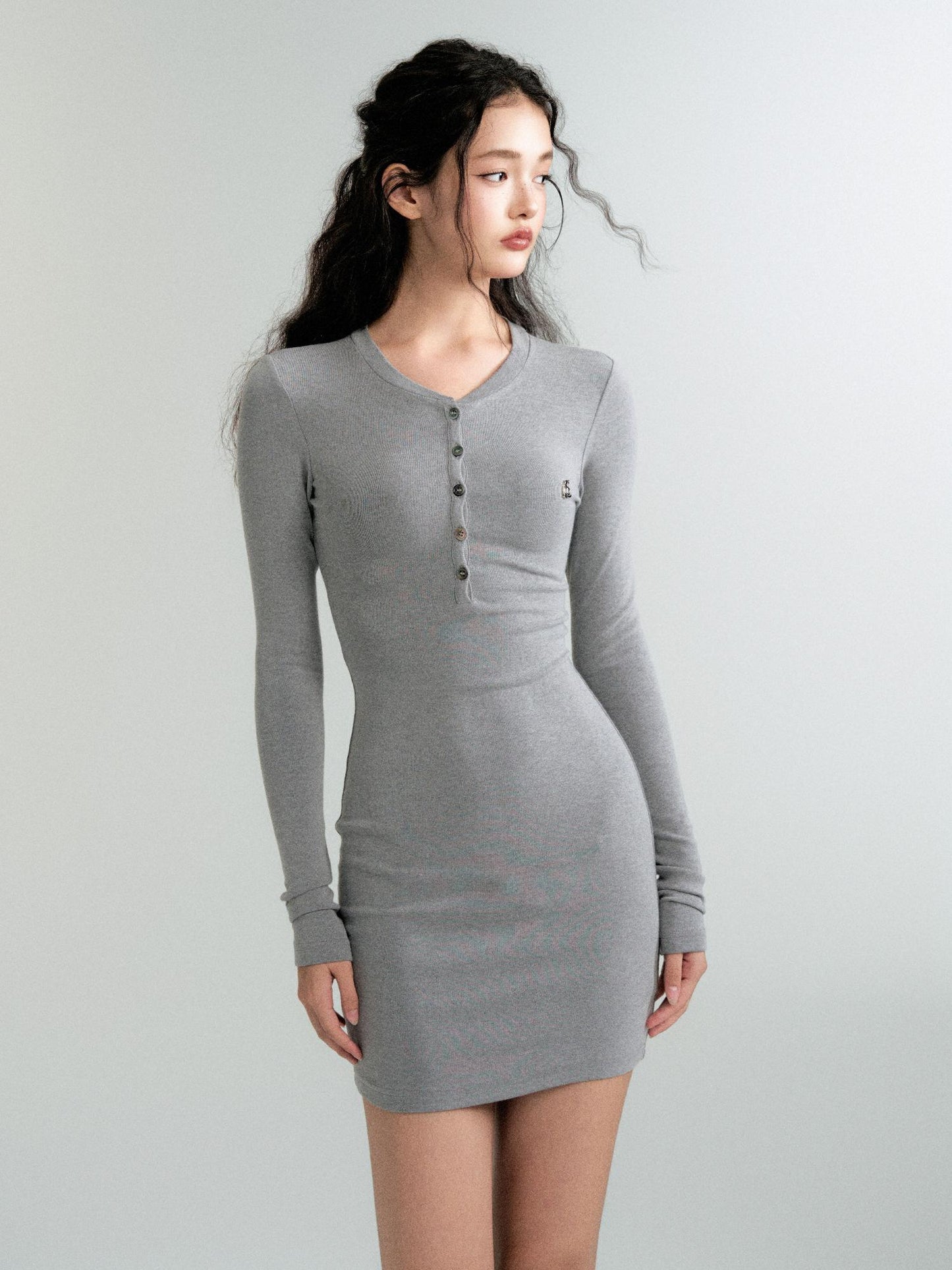 Simple Henley Neck Slim Fit Knit Mini Dress