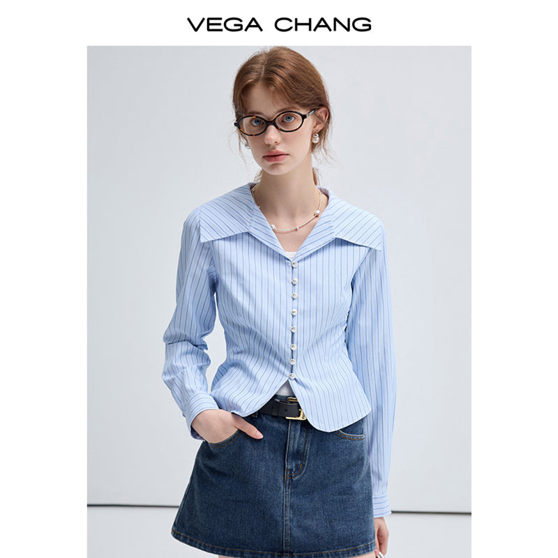 Round Hem Large Open Collar Fitted Stripe Shirt