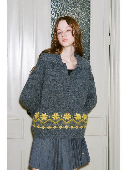 Beaded Fair Isle Polo Collar Knit Pullover