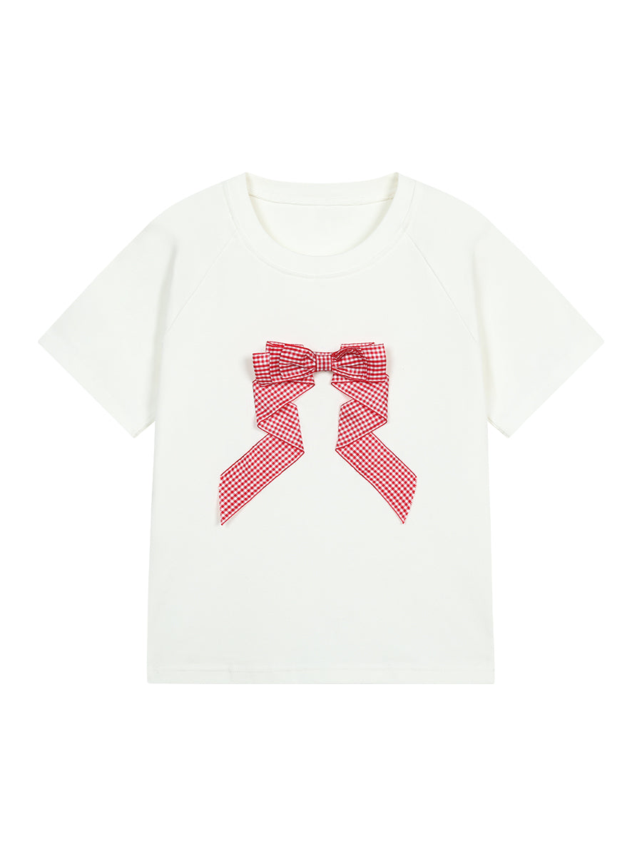 Checkered Three Dimensional Bow Round Neck T-Shirt