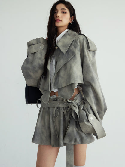 Cropped Dyed Jacket And Belted Mini Skirt Set